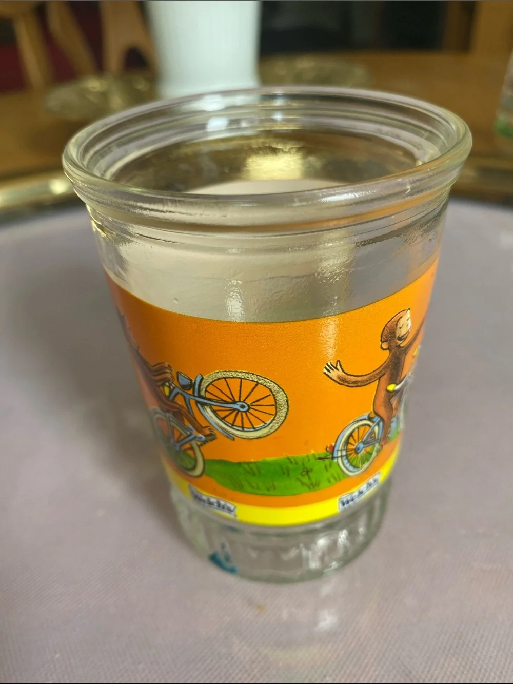 Vintage Welch’s Curious George Glass jelly Jar/ juice glass with Orange Label